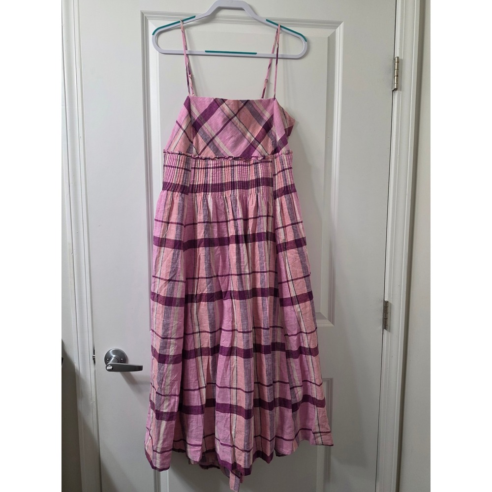 Maeve Anthropologie Pink Purple Plaid Smocked Midi Dress Large NWT